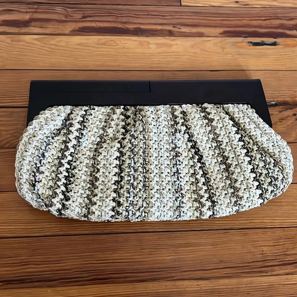 MMS Design Studio Handbags - MMS Design Studios Woven Clutch in Neutral Colors with a Wooden Style Handle